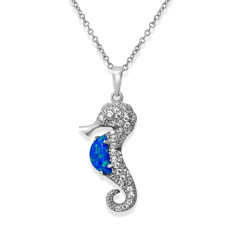 Beautiful necklaces and pendants with layered chains for a fashionable, chic look-Rhodium Plated 925 Sterling Silver Sea Horse with CZ and Synthetic Blue Opal Necklace - BGP01071BLU