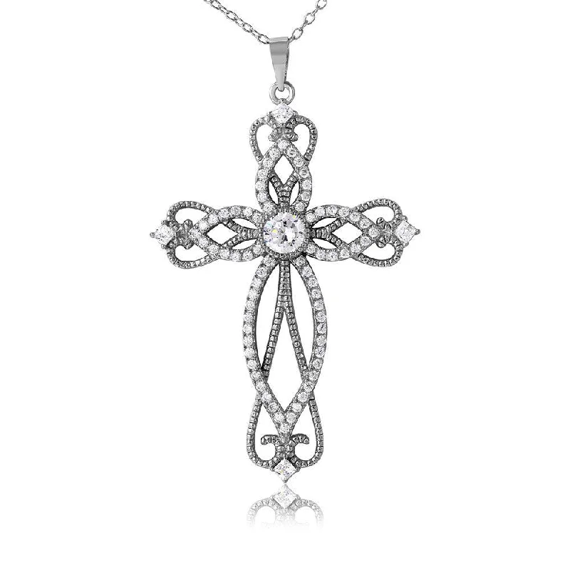 Beautiful necklaces and pendants with butterfly motifs for a whimsical style-Silver 925 Rhodium Plated Designed Cross Necklace with CZ - BGP01079