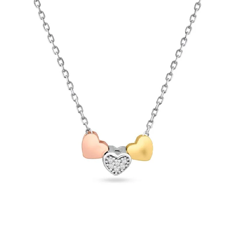 Trendy necklaces and pendants with statement pieces for a bold fashion statement-Three-Tone 925 Sterling Silver Heart Charms Necklace - STP01530