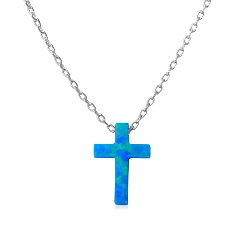 Best necklaces and pendants with emerald gemstones for a rich, sophisticated design-Rhodium Plated 925 Sterling Silver Blue Synthetic Opal Cross Necklace - STP01574RH