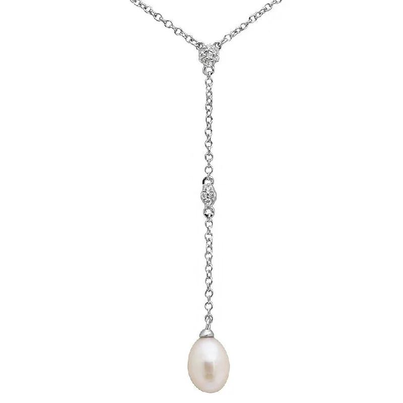 Necklaces and pendants with pearls for a classic and sophisticated touch-Rhodium Plated 925 Sterling Silver CZ Drop Fresh Water Pearl Necklace - BGP01138