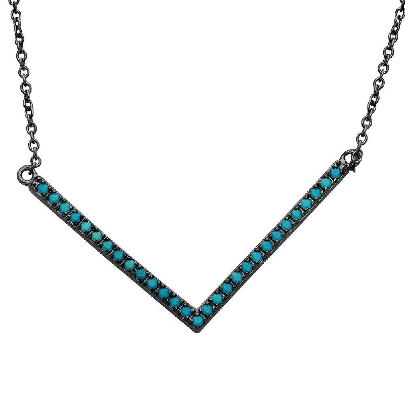 Best necklaces and pendants with rose gold for a warm and romantic appeal-Black Rhodium 925 Sterling Silver  Wide V Shape Turquoise Encrusted Necklace - STP01546BP