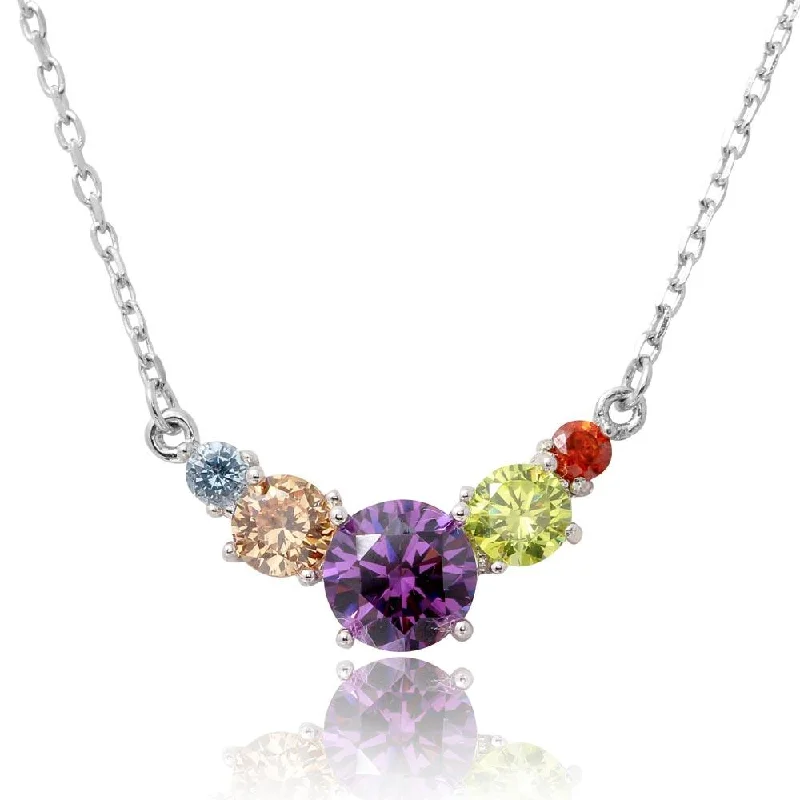 Unique necklaces and pendants with gemstones for a colorful and vibrant statement-Rhodium Plated 925 Sterling Silver V Shaped Multi-Color Round CZ Necklace - BGP01184