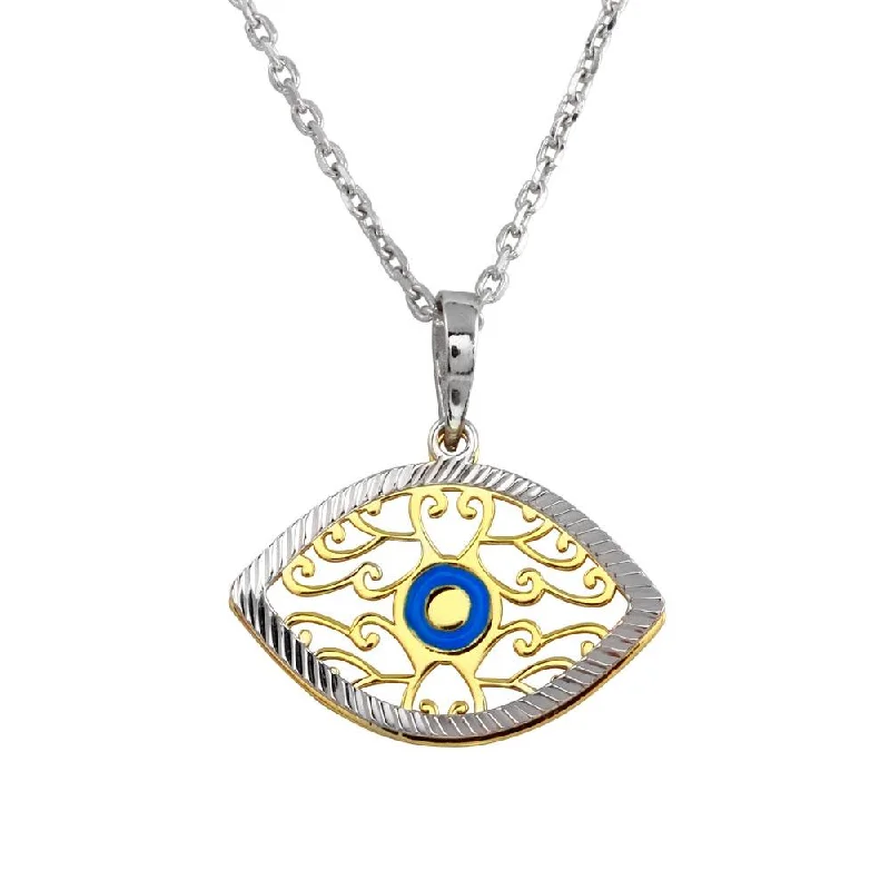 Layered necklaces and pendants for a trendy and fashionable stacked look-Two-Tone 925 Sterling Silver Blue Enamel Center Double Eye Necklace - SOP00017