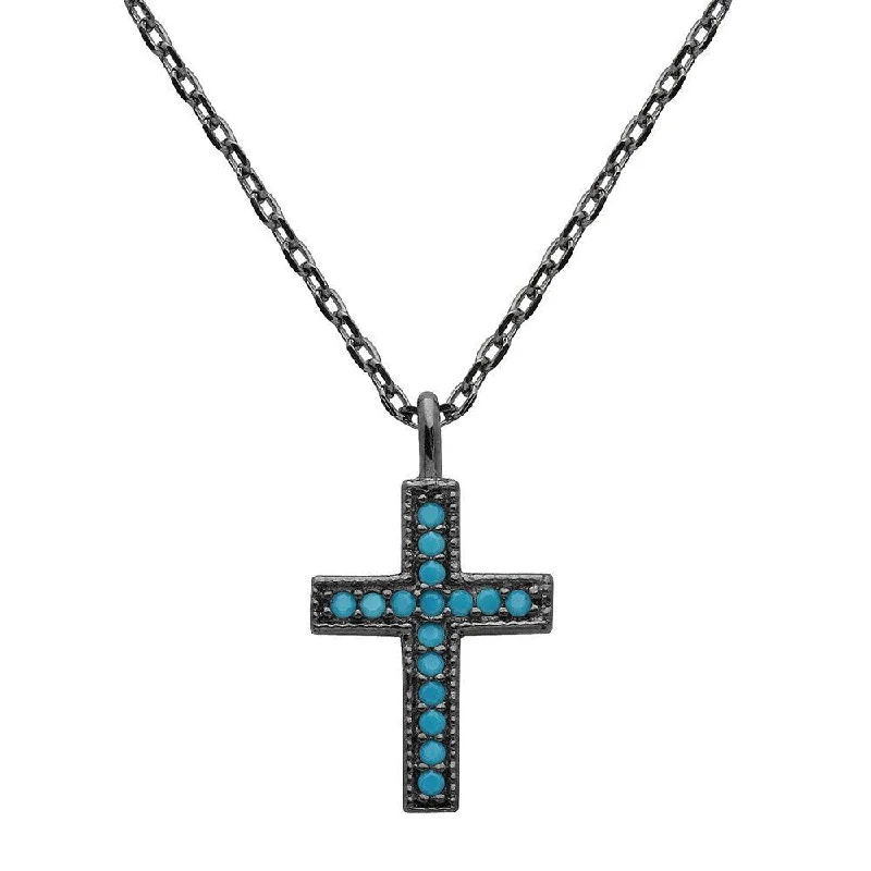 Personalized necklaces and pendants with coordinates for a meaningful location-based gift-Black Rhodium Plated 925 Sterling Silver Turquoise Stone Cross Necklace - STP01539BP