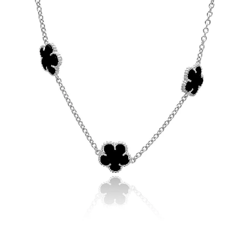 Unique necklaces and pendants with custom birthstone arrangements for personalization-Silver 925 Rhodium Plated Flower Black Onyx Necklace - BGP00454