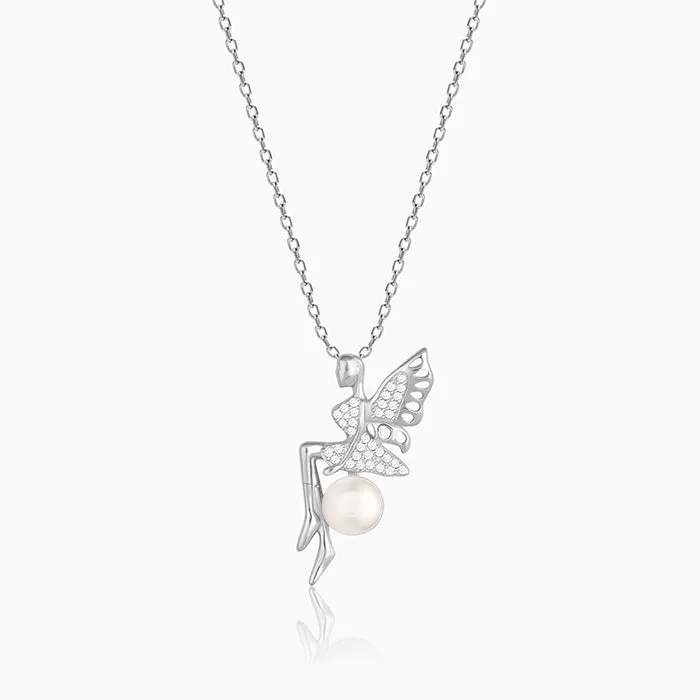 Personalized necklaces and pendants with coordinates for a meaningful location-based gift-Silver Love Angel Pearl Pendant With Link Chain