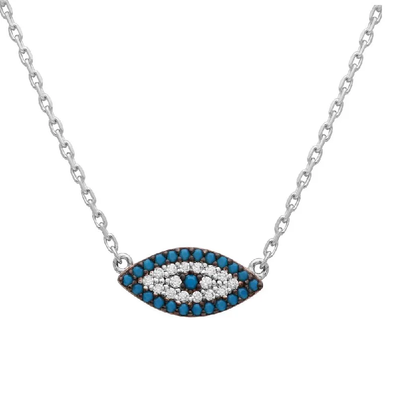 Best necklaces and pendants with intricate beadwork for a bohemian-inspired look-Silver 925 Rhodium Plated Turquoise and CZ Evil Eye Necklace - GMN00014RH-T