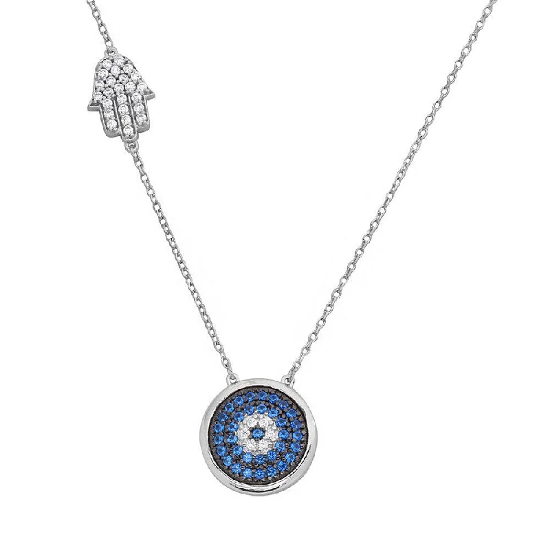 Elegant necklaces and pendants with diamond accents for added sparkle-Rhodium Plated 925 Sterling Silver Evil Eye Necklace with CZ Hamsa Hand - BGP01125