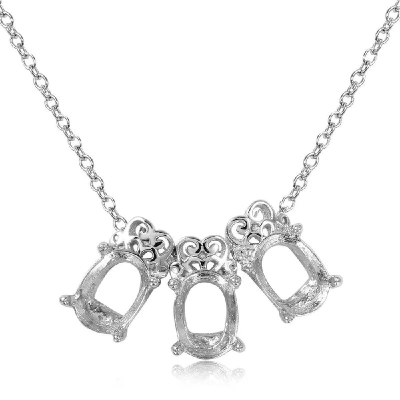 Beautiful necklaces and pendants with moon and star charms for a dreamy effect-Silver 925 Rhodium Plated 3 Oval Designed Mounting Necklace - BGP01061