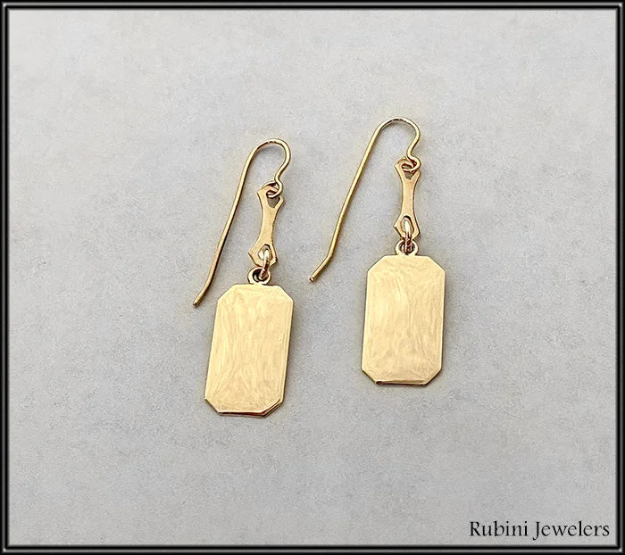 Vintage Drop Earrings with Patina -14kt Gold Flat Rectangles Dangle Earrings