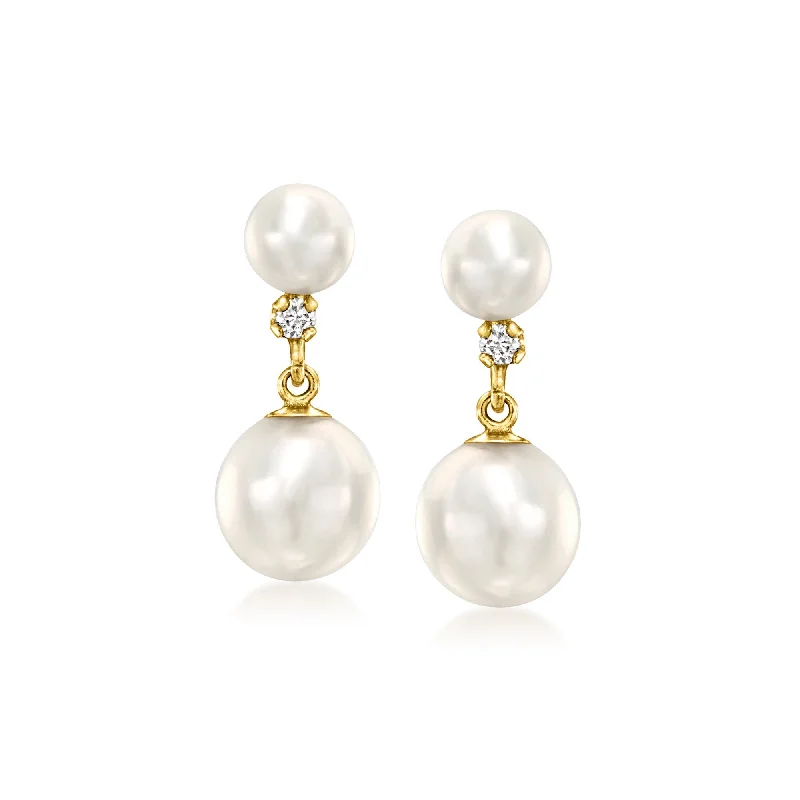 Drop Earrings with Knot Designs -Ross-Simons 5-8mm Cultured Pearl Drop Earrings With Diamonds in 14kt Yellow Gold