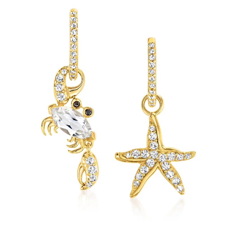 Drop Earrings for Mother's Day -Ross-Simons White Topaz Starfish and Crab Mismatched Drop Earrings With Black Spinel Accents in 18kt Gold Over Sterling