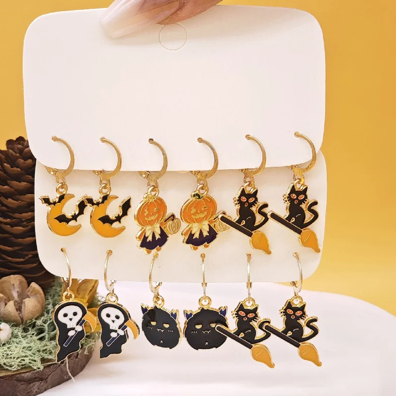 Drop Earrings for Yoga Session -Wholesale 6pcs/set Halloween Black Cat Pumpkin Funny Earrings