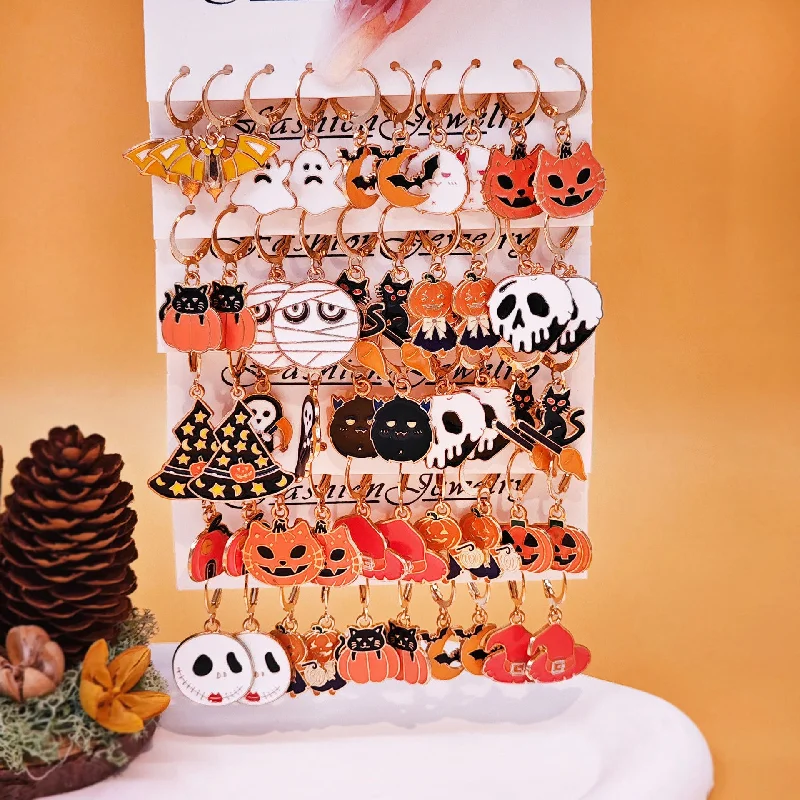 Long Drop Earrings for Dramatic -Wholesale Fashion Halloween Pumpkin Black Cat Pendant Earrings Set