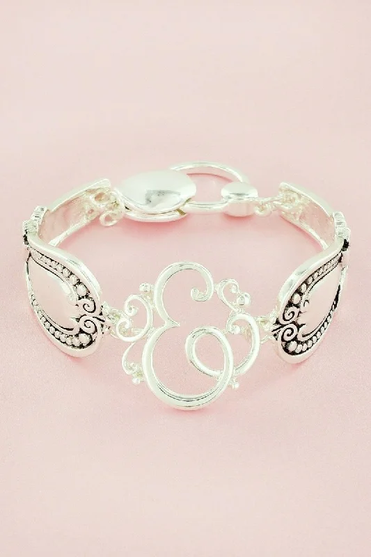 Bracelets with raw moonstone for mystic beauty -SALE! Silvertone 'E' Flourish Initial Spoon Bracelet