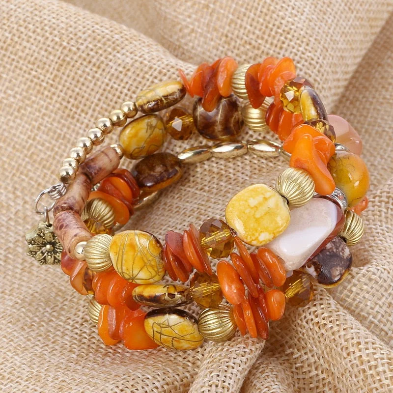 Bracelets with etched floral bands for detail -Boho Multilayer Beads Charm Bracelets for Women