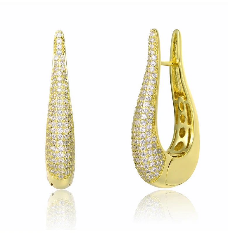 Drop Earrings for Everyday Glamour -14k Gold Plated with Clear Cubic Zirconia Oblong Oval Raindrop Hoop Earrings