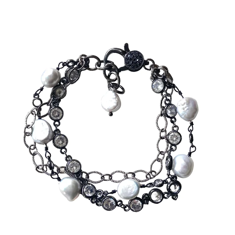 3 Strand Hematite With Pearl & CZ Bracelet