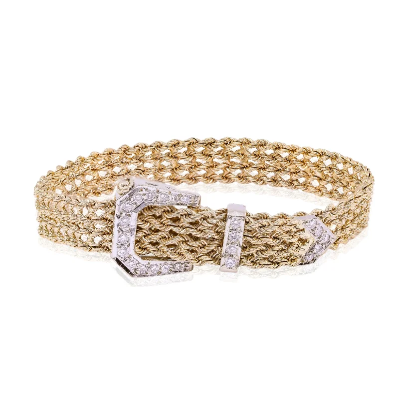 Bracelets with adjustable chains for perfect fit -ESTATE 14K YELLOW GOLD DIAMOND BUCKLE BRACELET - 0.33CTW