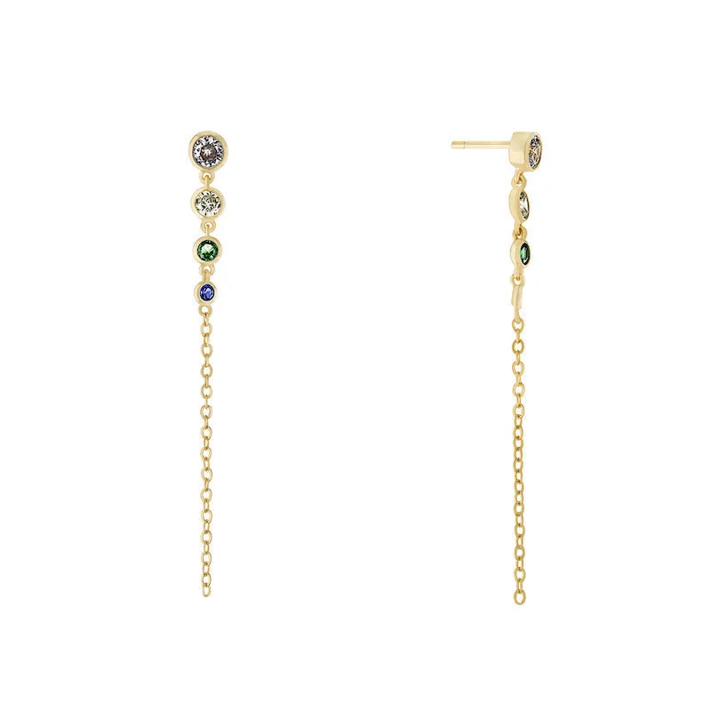 Drop Earrings with Embossed Patterns -Multi Color Bezel CZ Chain Drop Earrings