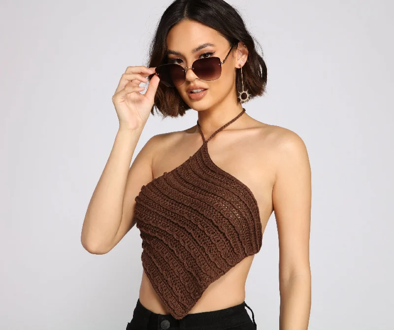 Fashionable crop top for women with bold graphic print and edgy vibe-Crochet Knit Handkerchief Crop Top