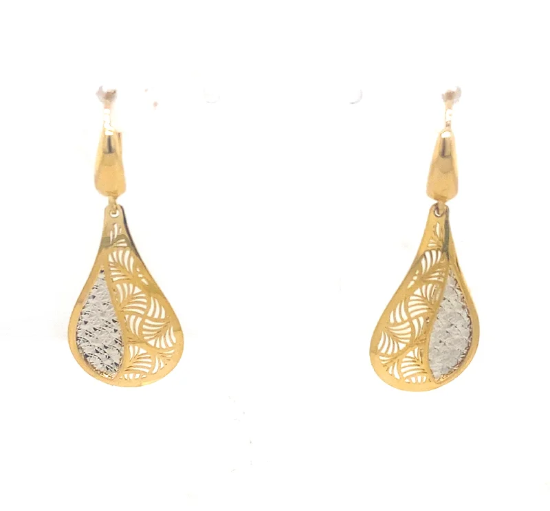 Adjustable Drop Earrings for Custom Fit -Teardrop Filagree Design Dangle Earrings - 14kt Two-Tone Gold