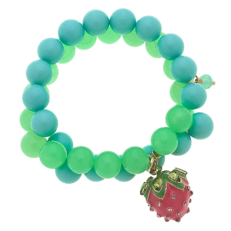 Bracelets with spiral designs for eye-catching twist -Kids Melody Strawberry Beaded Children's Bracelet in Green & Aqua | Kids Fashion Beads Jewelry