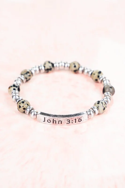 Bracelets with matte rose gold for subtlety -Celia Dalmatian Jasper Silvertone 'John 3:16'  Beaded Bracelet