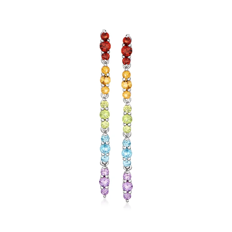 Geometric Drop Earrings for Trend -Ross-Simons Multi-Gemstone Linear Drop Earrings in Sterling Silver