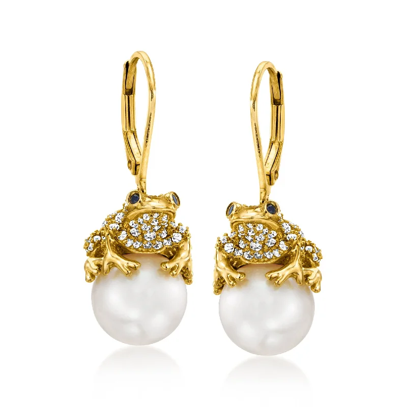 Drop Earrings for Engagement Party -Ross-Simons 9.5-10mm Cultured Pearl and White Topaz Frog Drop Earrings With Sapphires in 18kt Gold Over Sterling