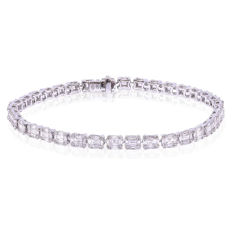 Bracelets with smoky quartz for muted tones -18K WHITE GOLD BAGUETTE AND ROUND DIAMOND BRACELET - 4.09CTW