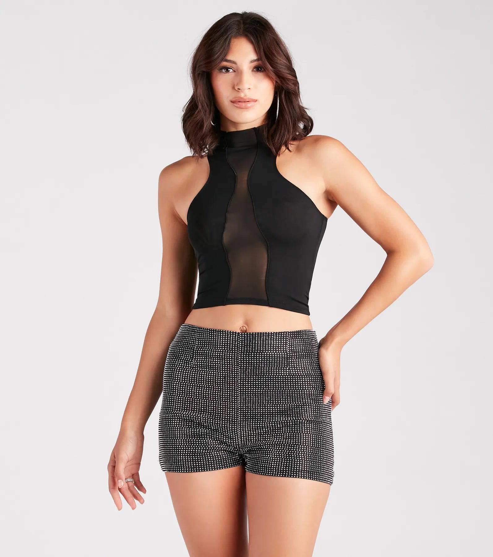 Cropped peplum top for women with flare details and feminine fit-Trendy Silhouette Sheer Mesh Crop Top