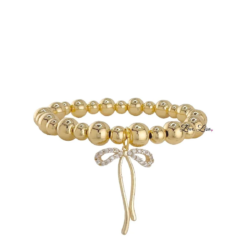 Bracelets with lotus motifs for spiritual vibe -Hannah Bow Charm 4MM/6MM Gold Beaded Stretch Bracelet