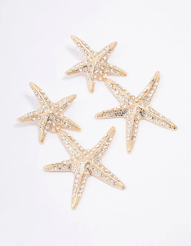 Drop Earrings with Hammered Finish -Lovisa - Gold Diamante Pair of Starfish Drop Earrings I Stylish and Trendy I Perfect for Special Occasions I Fashion Jewelry for Women