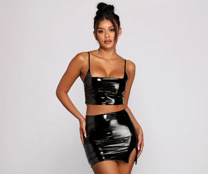 Cropped blouse for women with billowy sleeves and elegant design-Dangerous Woman Faux Patent Leather Crop Top