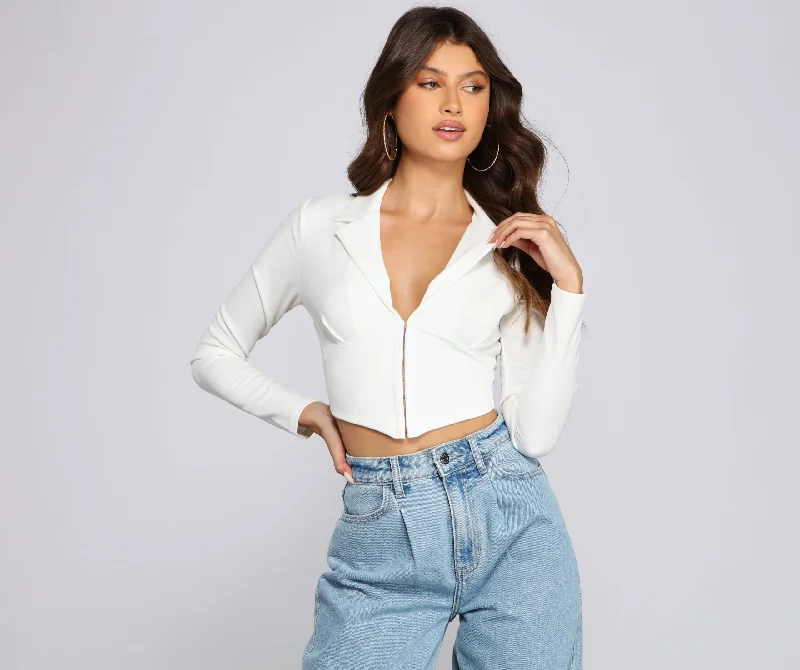 Short-sleeve tie-front crop top for women with adjustable front knot-Hook And Eye Crepe Crop Top