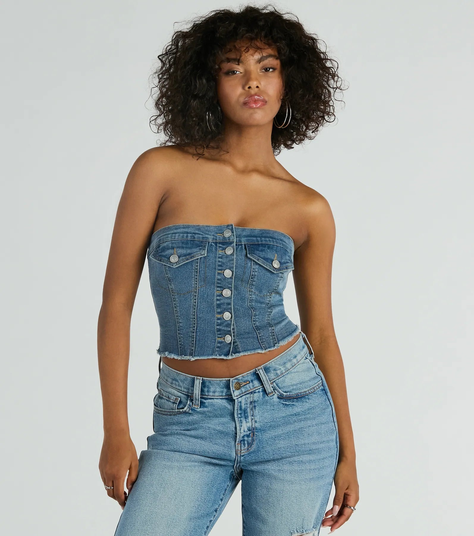 Bohemian style crop top for women with fringe details and free-spirited vibe-Keep It Chill Strapless Denim Crop Top