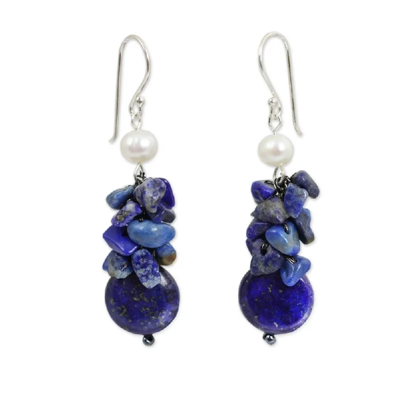 Drop Earrings with Filigree Work -Sterling Silver 'Exquisite' Pearl Lapis Earrings (5 mm)