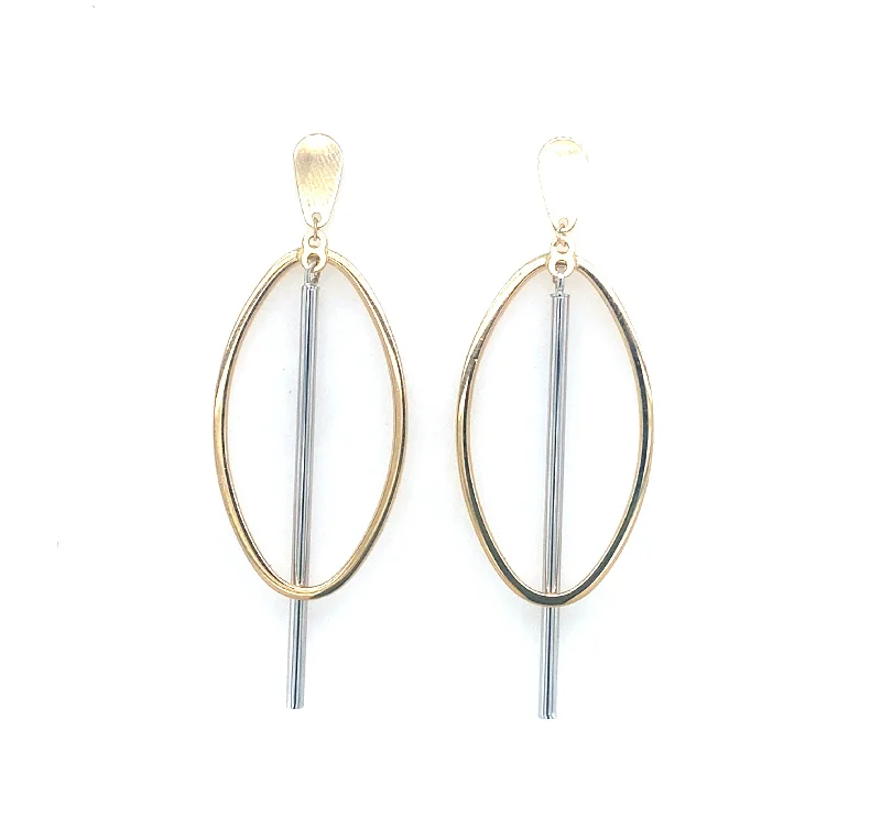 Magnetic Closure Drop Earrings for Easy -Open Oval and Stick Design Dangle Earrings - 14kt Two-Tone Gold