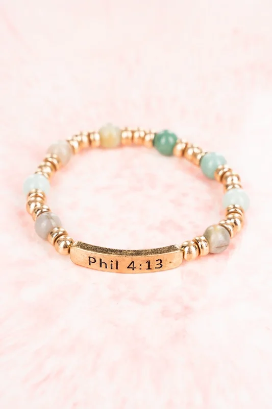 Bangles with polished onyx for bold sleekness -Adeline Amazonite Goldtone 'Phil 4:13'  Beaded Bracelet