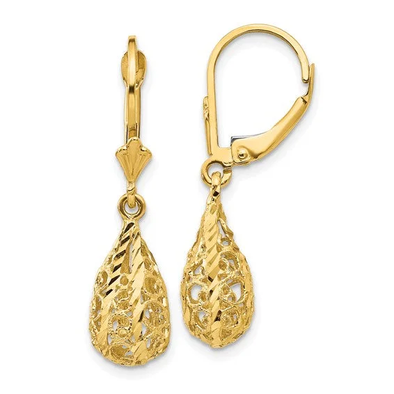 Long Drop Earrings for Dramatic -Filagree Design Dangle Earrings - 14kt Yellow Gold