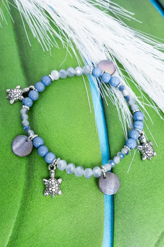 Bracelets with leather wrap for edgy look -SALE! Turtle and Shell Disk Charm Blue Beaded Bracelet