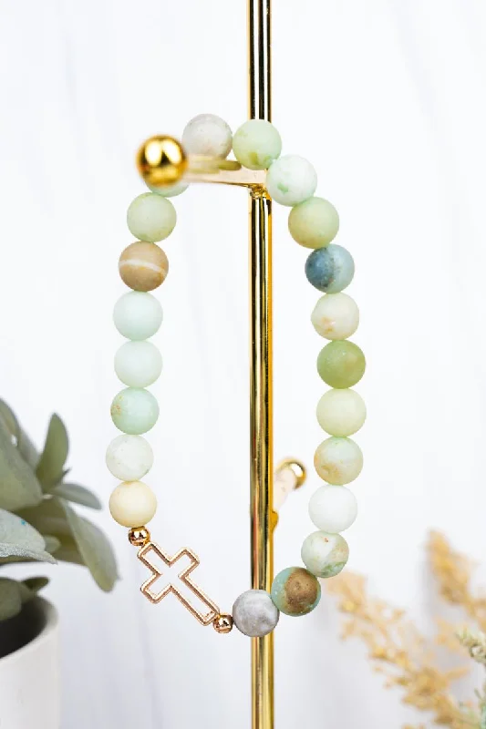 Bracelets with black diamond for bold edge -Goldtone Cross Amazonite Stretch Bracelet