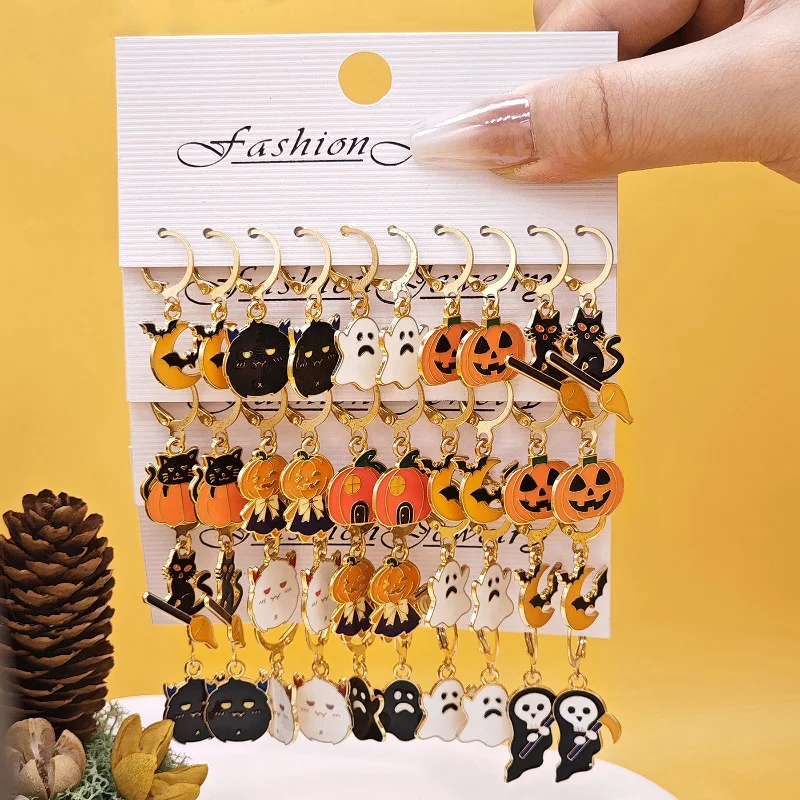 Drop Earrings for Concert Look -Wholesale 10pcs/set Oil Drop Halloween Creative Ghost Devil Pumpkin Set Earrings