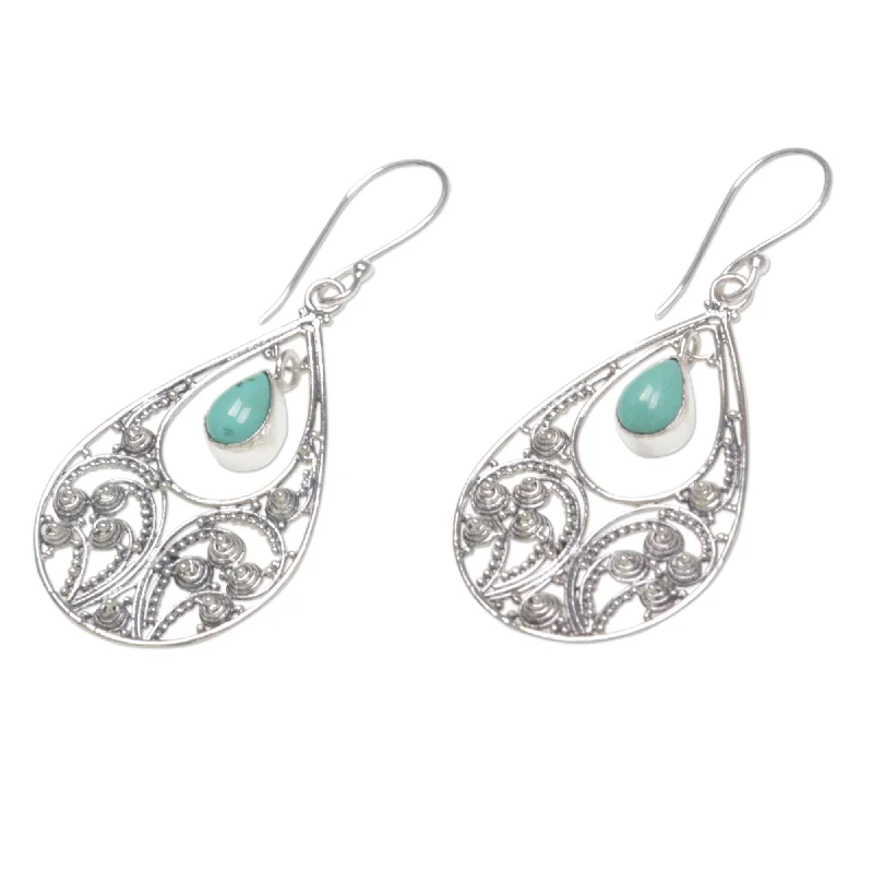 Hypoallergenic Drop Earrings for Sensitive -Sterling Silver Bali Crest Turquoise Earrings (Indonesia) - 1.9L*0.9W