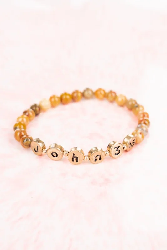 Bracelets with raw moonstone for mystic beauty -SALE! Moriah Brown Goldtone 'John 3:16'  Beaded Bracelet