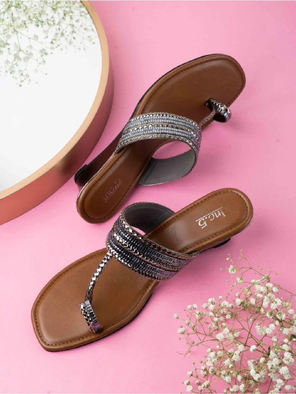 Outdoor sandals for women with cushioned footbed and adjustable straps for support-Womens Pewter Ethnic Embellished Round Toe Heels