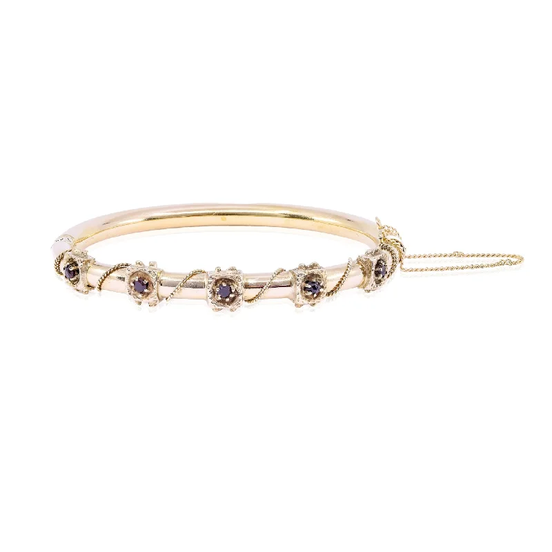 Bangles with peacock ore for iridescent glow -ESTATE 14K YELLOW GOLD GARNET BANGLE BRACELET