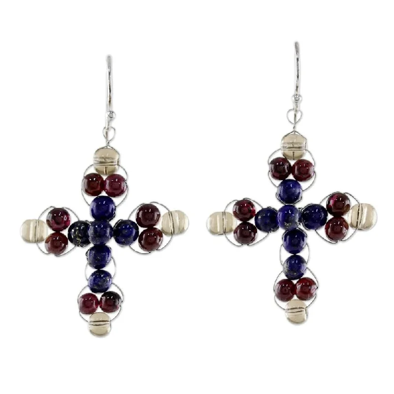 Drop Earrings with Crown Designs -NOVICA Sterling Silver 'Cross of Hope' Lapis Lazuli Garnet Earrings - Red - 1.8*1.1